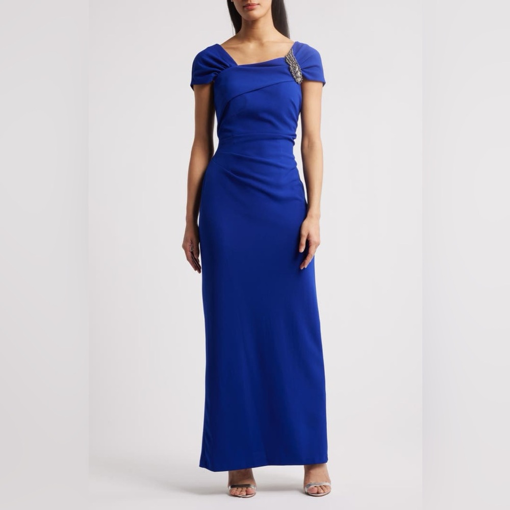 Alex Evenings Rhinestone Cap Sleeve Gown Dress Size 8 Royal Blueโ